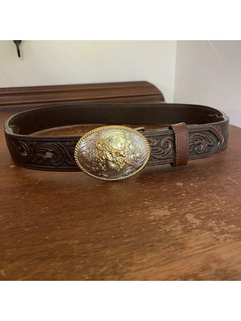 Youth Boys Belt Brown Leather 3D Bull Rider Buckle Silver Gold 26 Inch Western